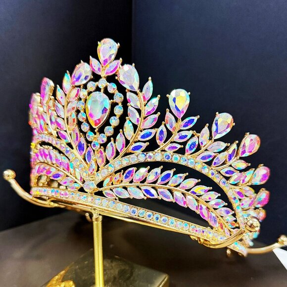 Diamond Crystal Crown, Quinceanera Crown, Gold Wedding Tiara, Princess Tiara main image 6